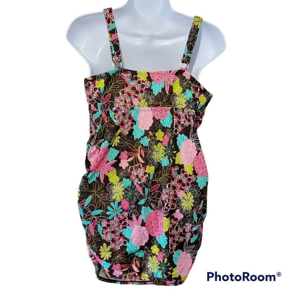 Motherhood Maternity Tankini Swim Top Womens Large Brown Pink Multicolor Ruched‎ - Picture 2 of 11